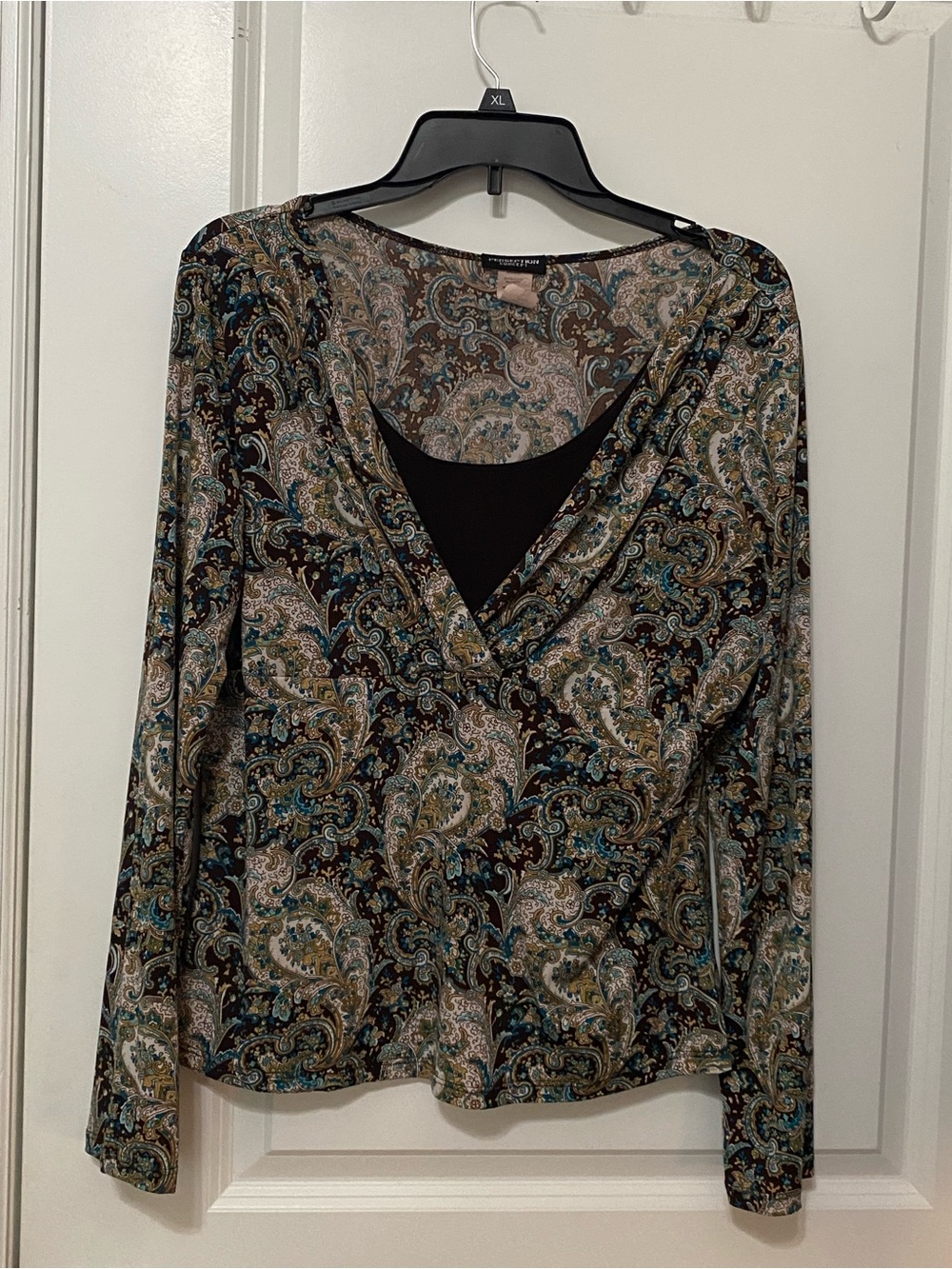 PerSeption Concept Brown Paisley Long Sleeve Faux-Wrap Top
